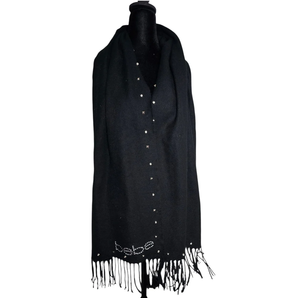 Vintage Bebe Black Studded Scarf with Rhinestone Logo